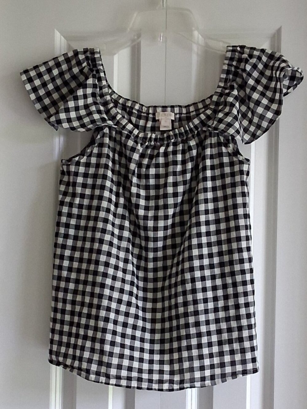 J. Crew Black & White Checkered Flutter Sleeve Blouse Women's Size XS